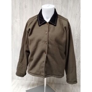 Lee Women's Green Button Up‎ Sweater Jacket Large Long Sleeve Black Collar Barn